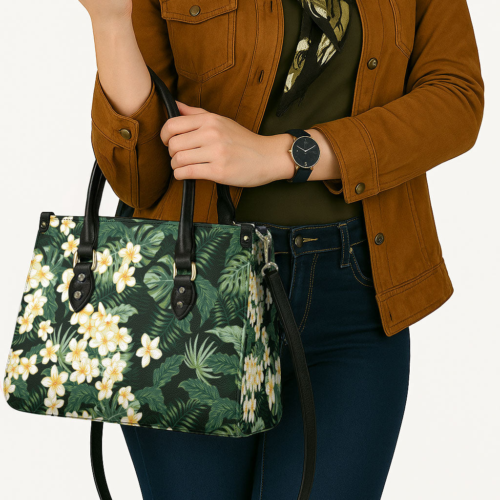 Hawaii Plumeria Tropical Leaves Leather Bag Monstera Calathea Palm Fronds