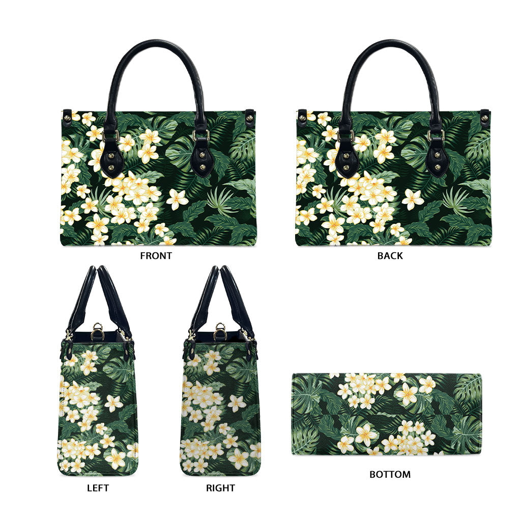 Hawaii Plumeria Tropical Leaves Leather Bag Monstera Calathea Palm Fronds