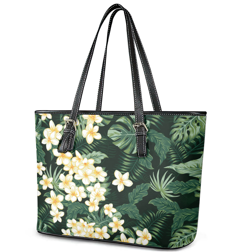 Hawaii Plumeria Tropical Leaves Leather Tote Bag Monstera Calathea Palm Fronds