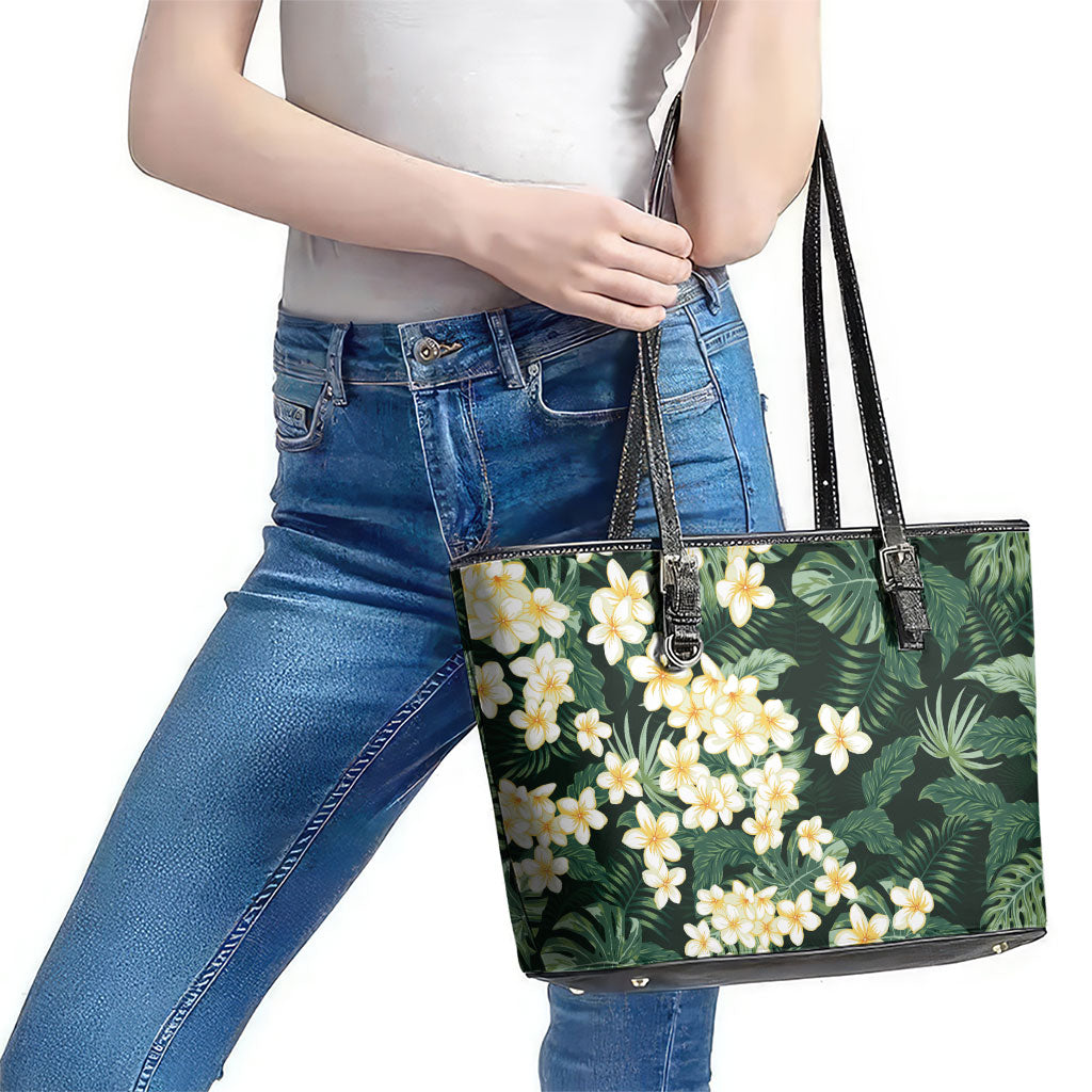 Hawaii Plumeria Tropical Leaves Leather Tote Bag Monstera Calathea Palm Fronds
