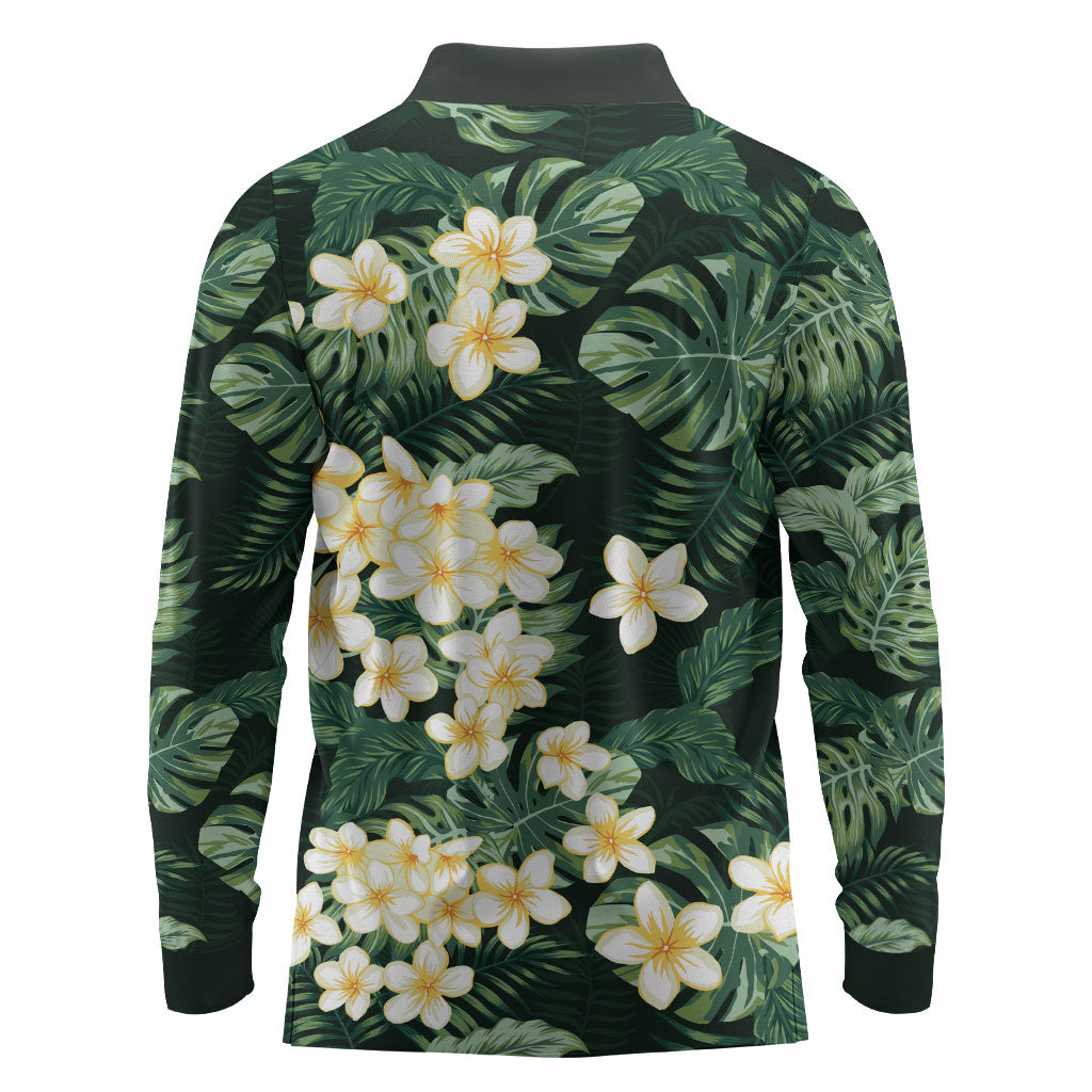 Hawaii Plumeria Tropical Leaves Long Sleeve Polo Shirt Monstera Calathea Palm Fronds