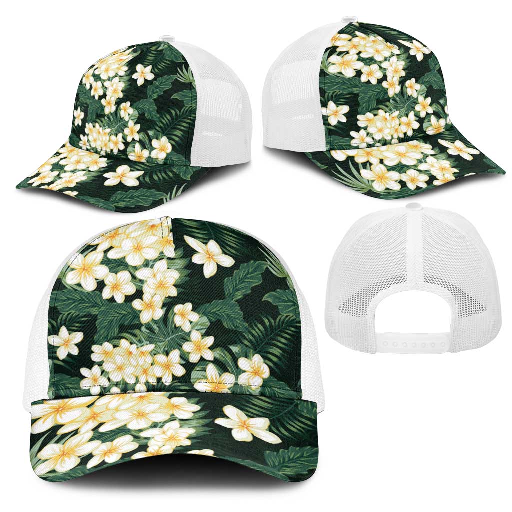 Hawaii Plumeria Tropical Leaves Mesh Trucker Cap Monstera Calathea Palm Fronds