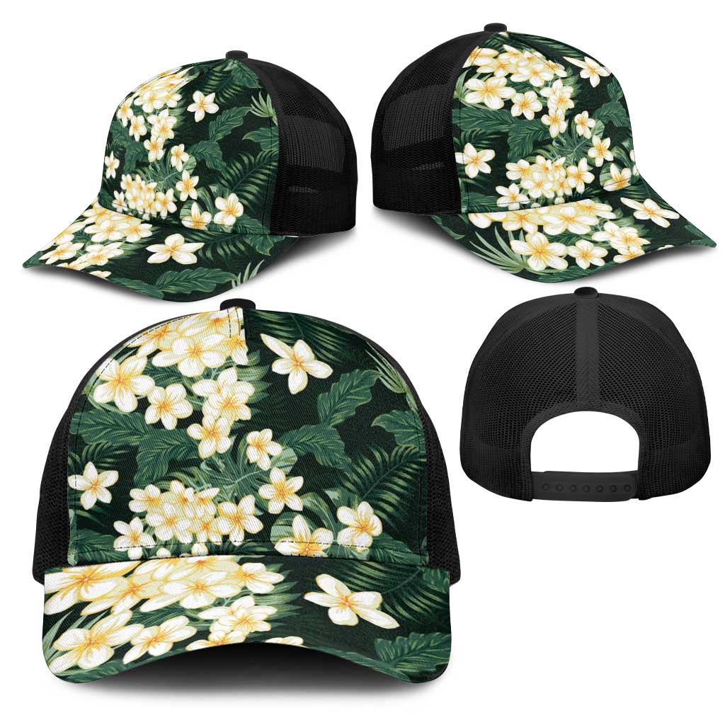 Hawaii Plumeria Tropical Leaves Mesh Trucker Cap Monstera Calathea Palm Fronds