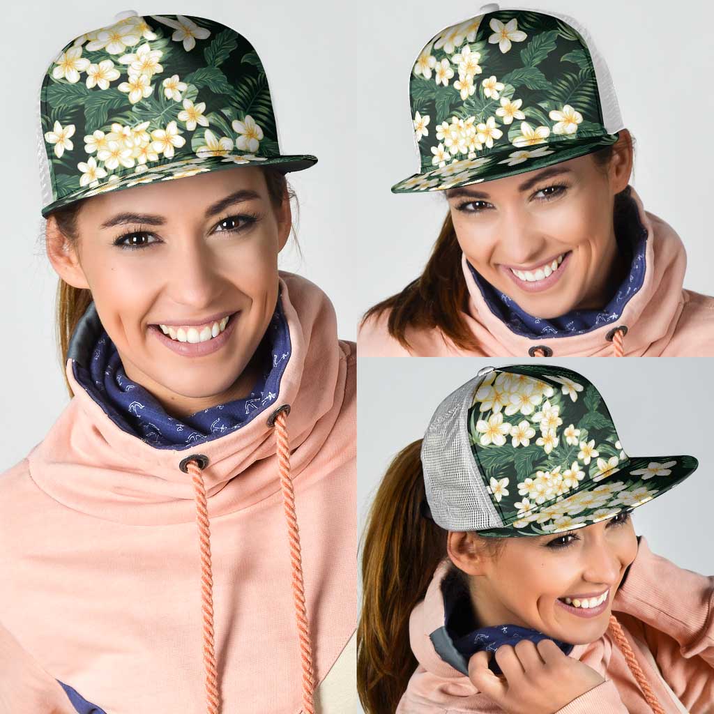 Hawaii Plumeria Tropical Leaves Mesh Trucker Cap Monstera Calathea Palm Fronds