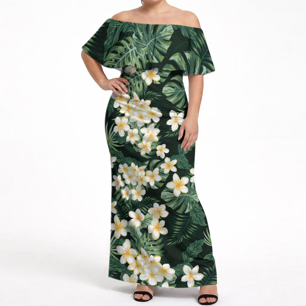Hawaii Plumeria Tropical Leaves Off Shoulder Maxi Dress Monstera Calathea Palm Fronds