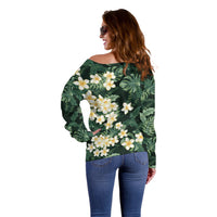 Hawaii Plumeria Tropical Leaves Off Shoulder Sweater Monstera Calathea Palm Fronds