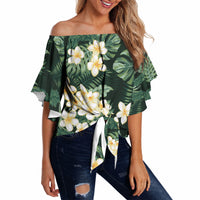 Hawaii Plumeria Tropical Leaves Off Shoulder Wrap Waist Top Monstera Calathea Palm Fronds