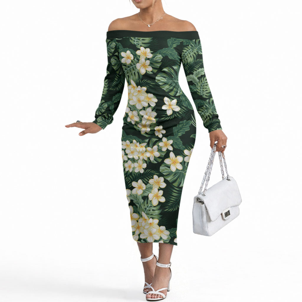 Hawaii Plumeria Tropical Leaves Off The Shoulder Long Sleeve Dress Monstera Calathea Palm Fronds
