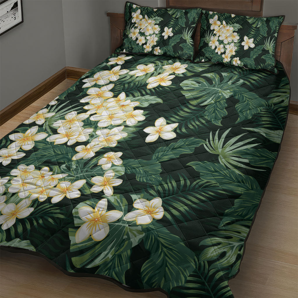 Hawaii Plumeria Tropical Leaves Quilt Bed Set Monstera Calathea Palm Fronds