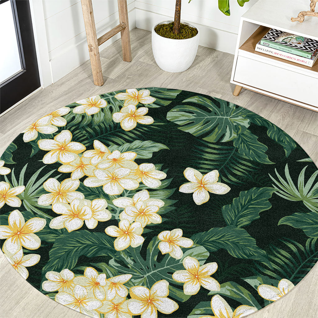 Hawaii Plumeria Tropical Leaves Round Carpet Monstera Calathea Palm Fronds