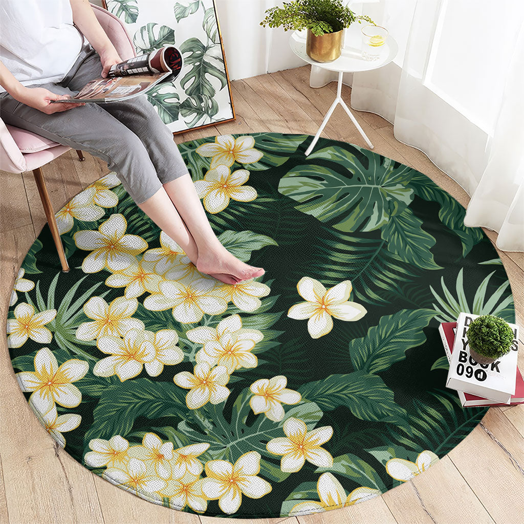Hawaii Plumeria Tropical Leaves Round Carpet Monstera Calathea Palm Fronds