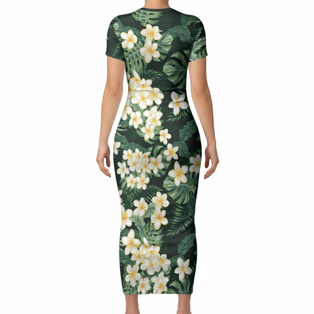 Hawaii Plumeria Tropical Leaves Short Sleeve Bodycon Dress Monstera Calathea Palm Fronds