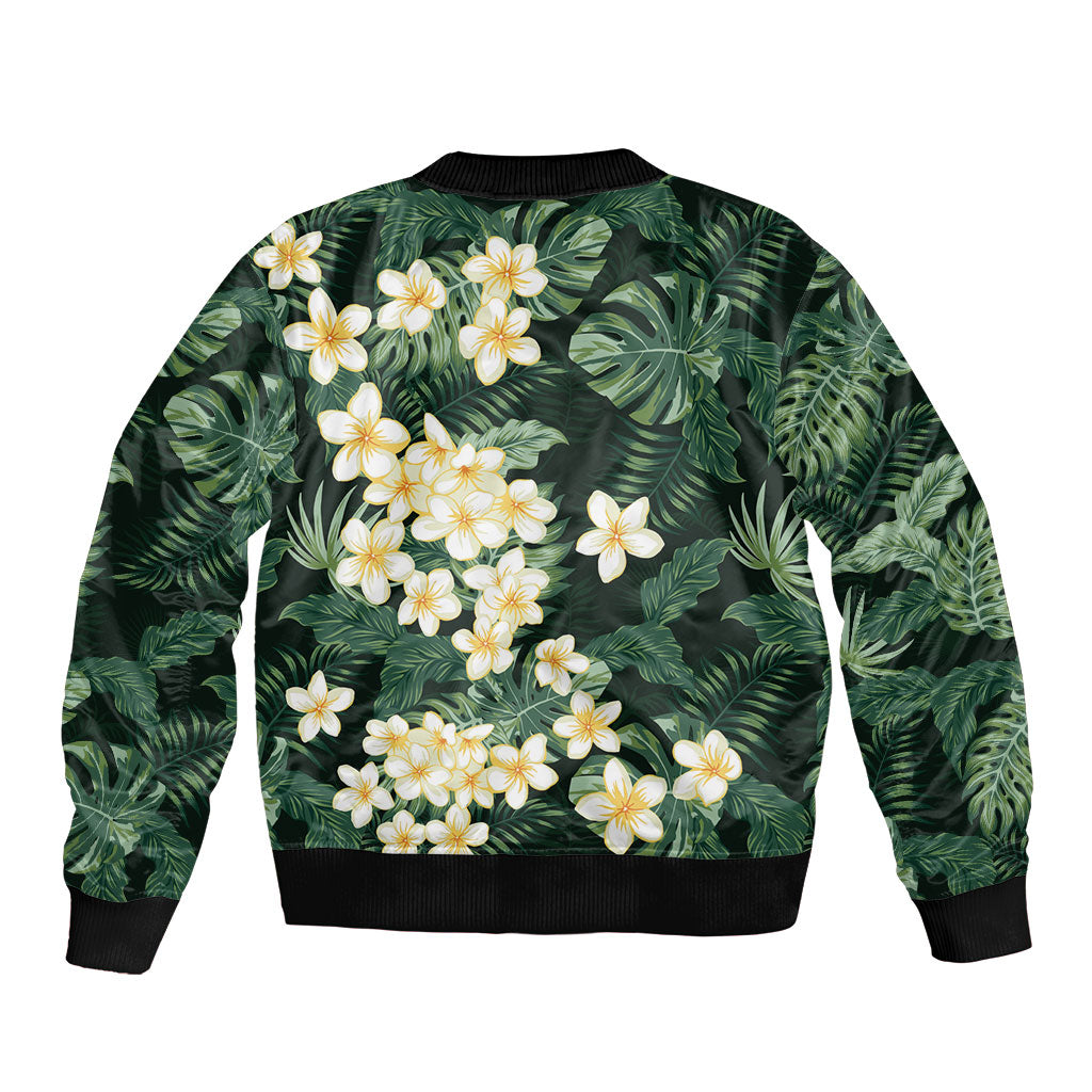 Hawaii Plumeria Tropical Leaves Sleeve Zip Bomber Jacket Monstera Calathea Palm Fronds