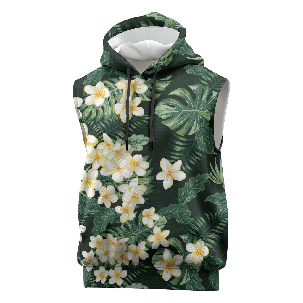 Hawaii Plumeria Tropical Leaves Sleeveless Hoodie Monstera Calathea Palm Fronds