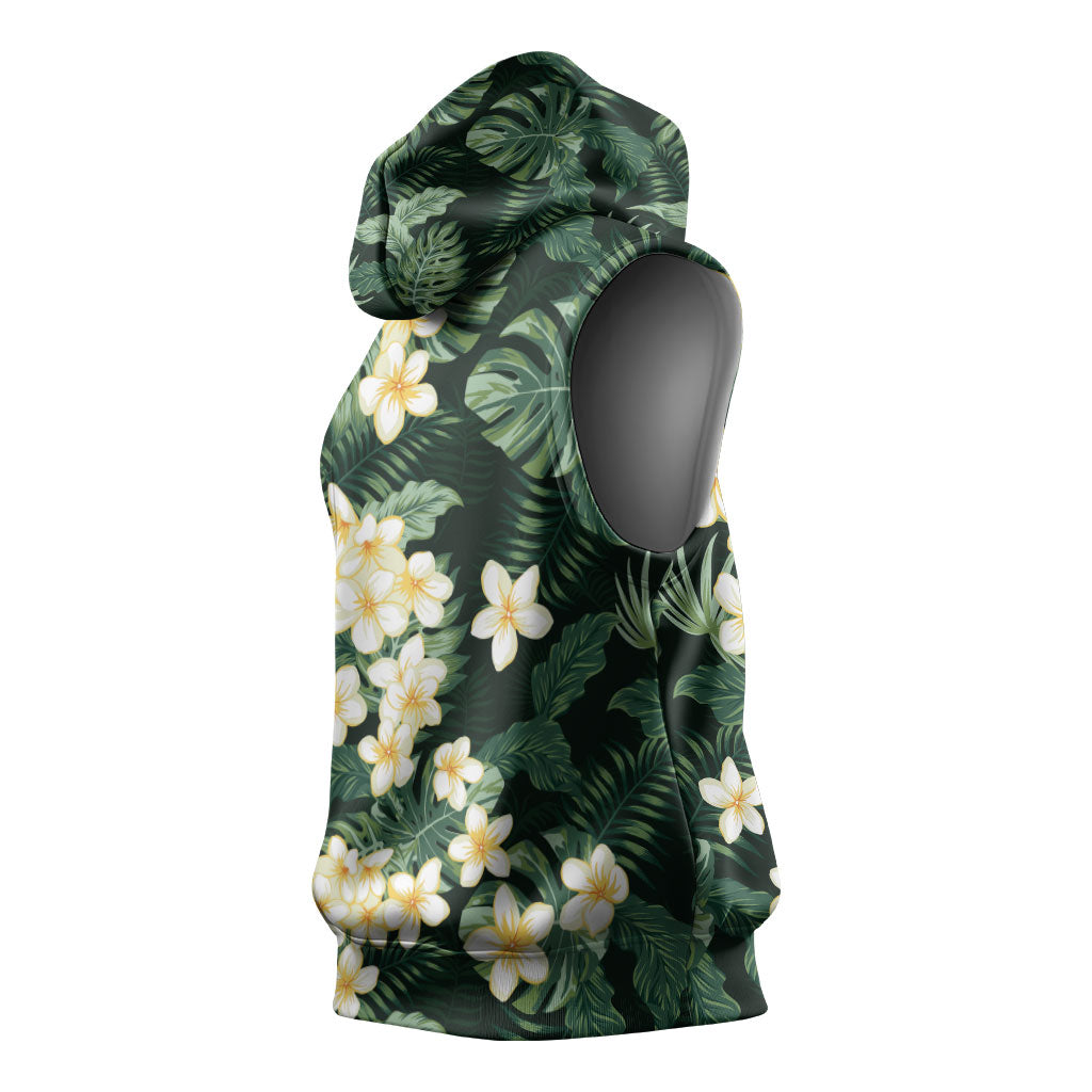 Hawaii Plumeria Tropical Leaves Sleeveless Hoodie Monstera Calathea Palm Fronds