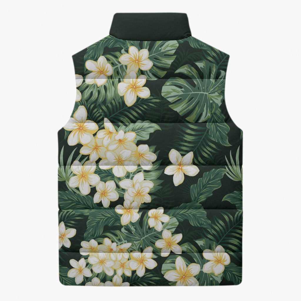 Hawaii Plumeria Tropical Leaves Sleeveless Puffer Jacket Monstera Calathea Palm Fronds