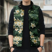 Hawaii Plumeria Tropical Leaves Sleeveless Puffer Jacket Monstera Calathea Palm Fronds