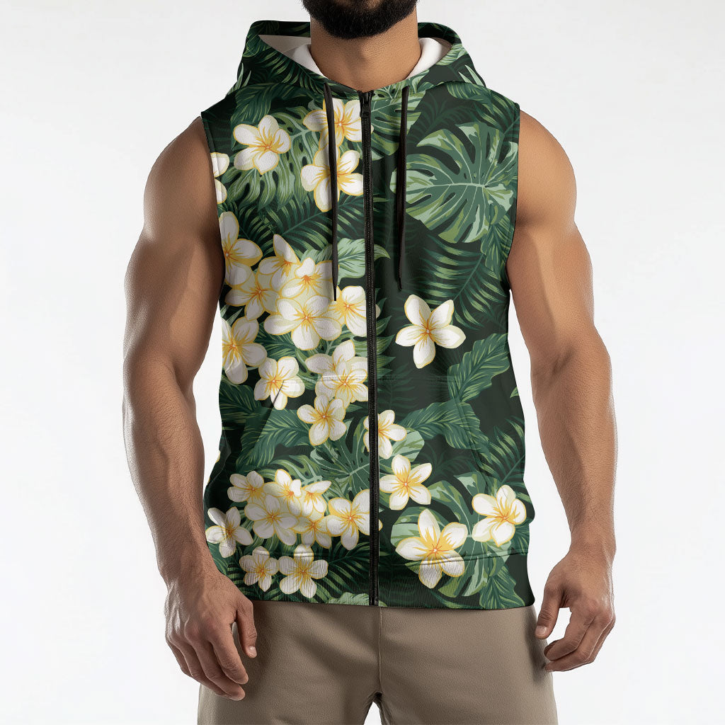 Hawaii Plumeria Tropical Leaves Sleeveless Zip Hoodie Monstera Calathea Palm Fronds