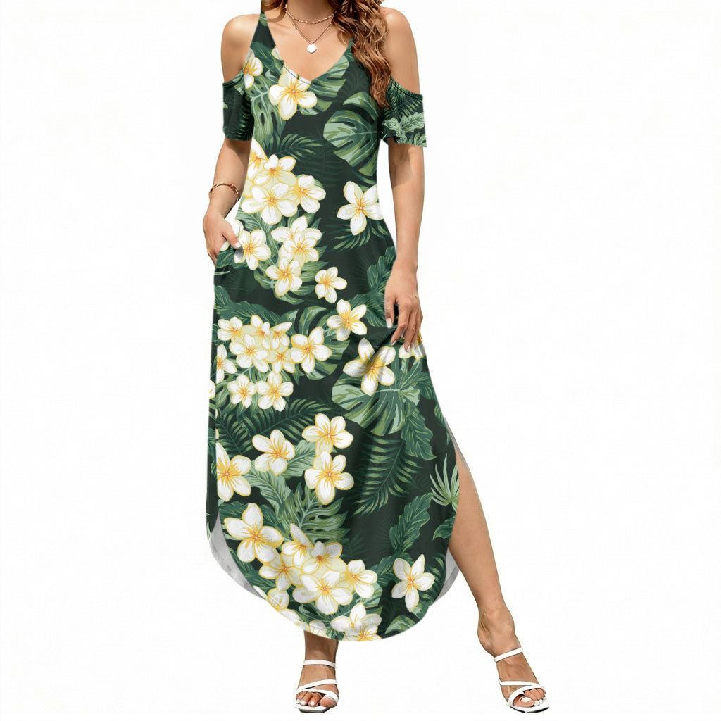 Hawaii Plumeria Tropical Leaves Summer Maxi Dress Monstera Calathea Palm Fronds