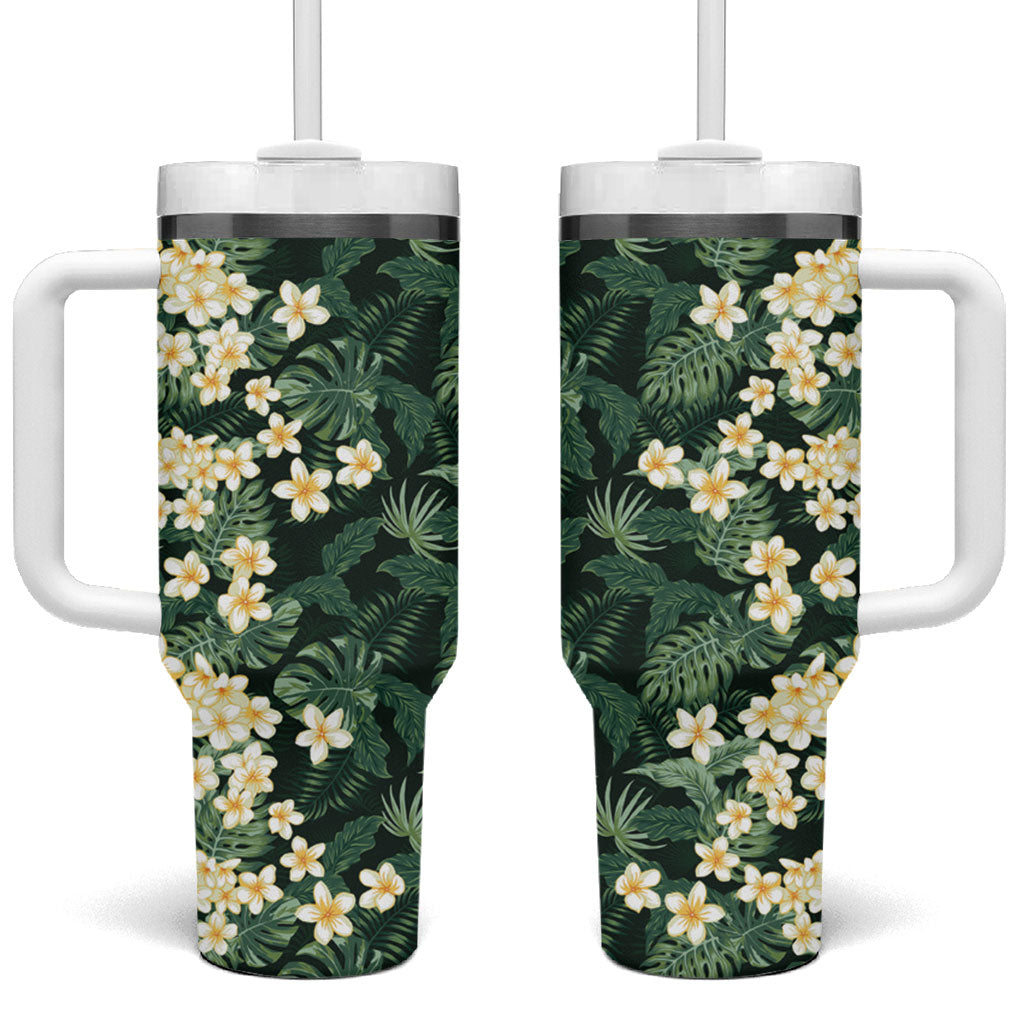 Hawaii Plumeria Tropical Leaves Tumbler With Handle Monstera Calathea Palm Fronds