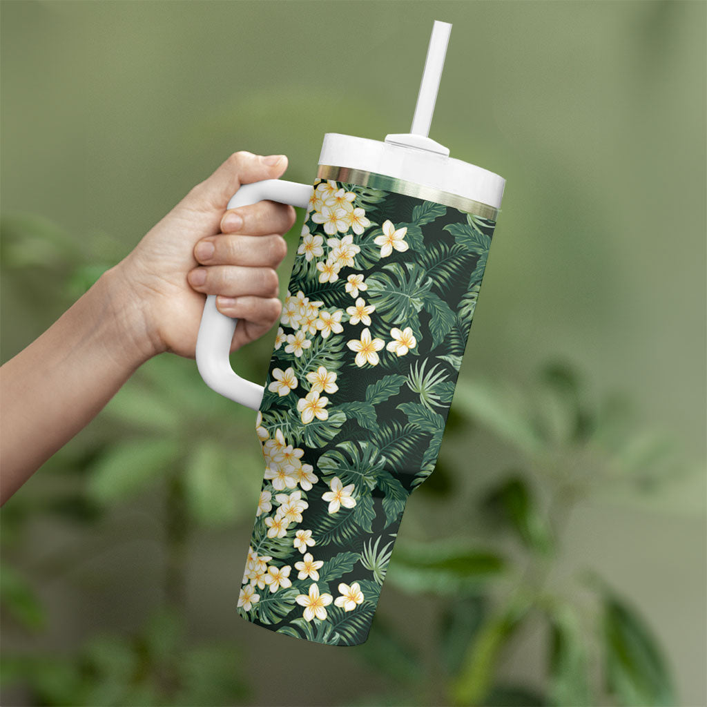 Hawaii Plumeria Tropical Leaves Tumbler With Handle Monstera Calathea Palm Fronds