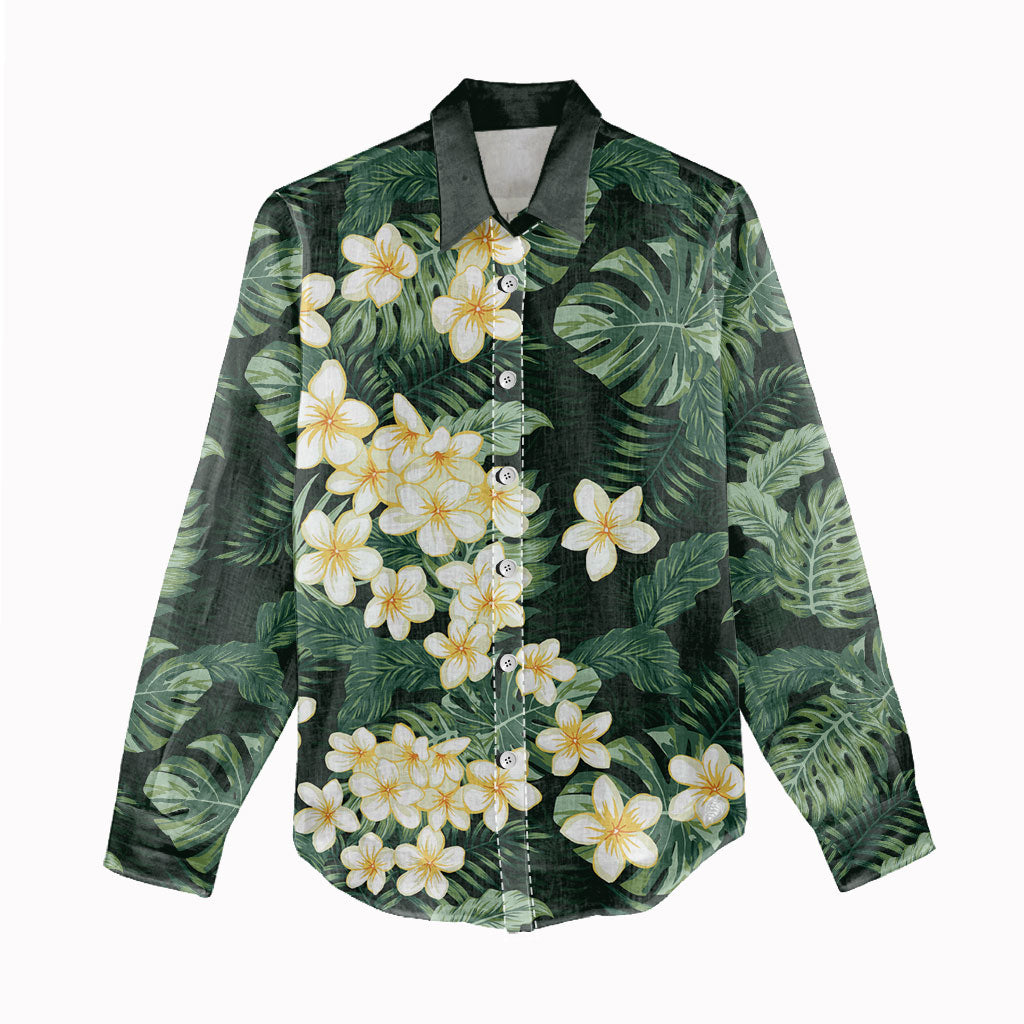 Hawaii Plumeria Tropical Leaves Women Casual Shirt Monstera Calathea Palm Fronds