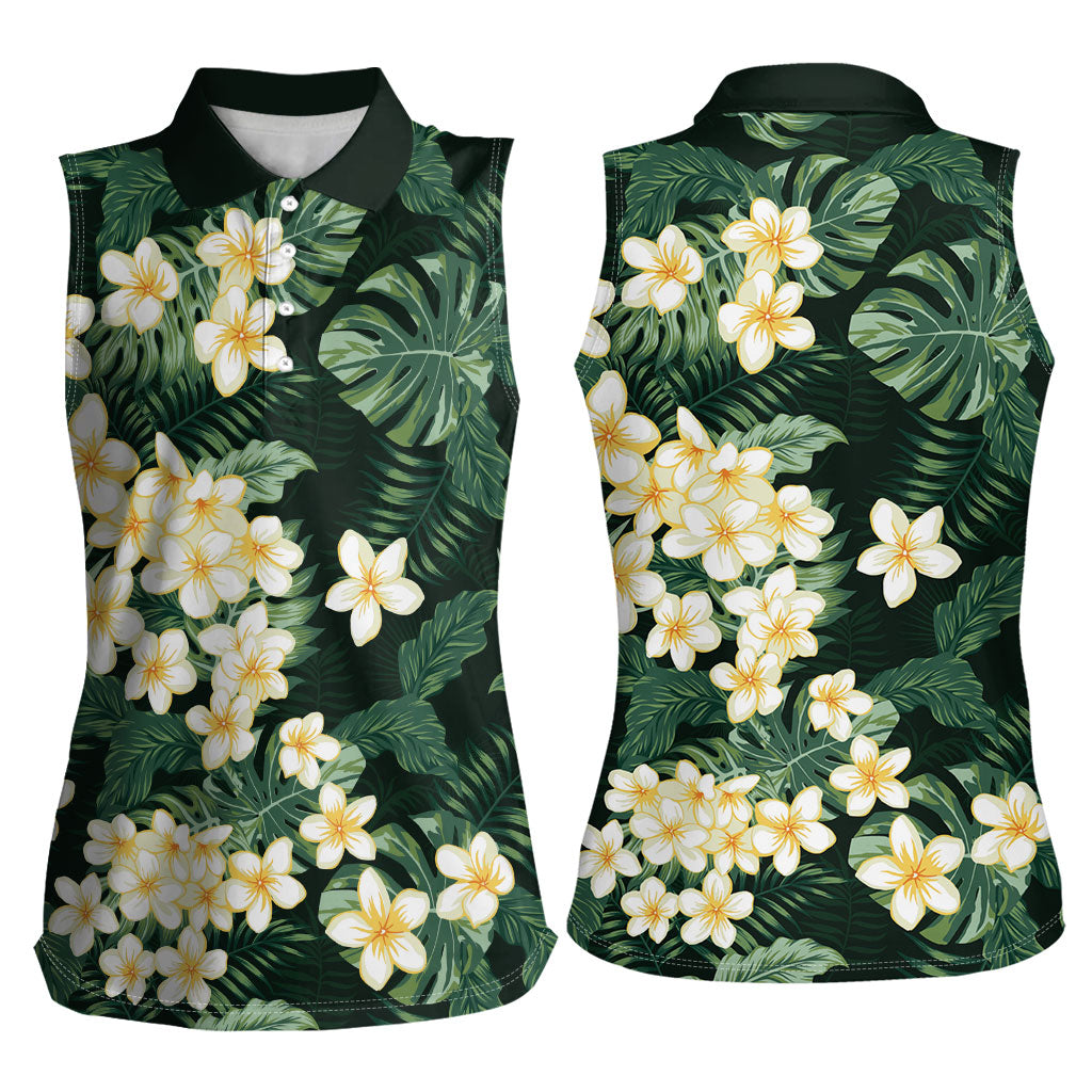 Hawaii Plumeria Tropical Leaves Women Sleeveless Polo Shirt Monstera Calathea Palm Fronds