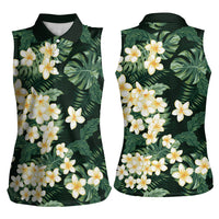 Hawaii Plumeria Tropical Leaves Women Sleeveless Polo Shirt Monstera Calathea Palm Fronds