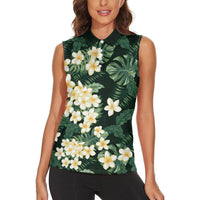 Hawaii Plumeria Tropical Leaves Women Sleeveless Polo Shirt Monstera Calathea Palm Fronds