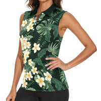 Hawaii Plumeria Tropical Leaves Women Sleeveless Polo Shirt Monstera Calathea Palm Fronds