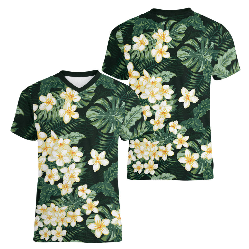 Hawaii Plumeria Tropical Leaves Women V-Neck T-Shirt Monstera Calathea Palm Fronds
