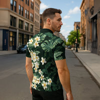 Hawaii Plumeria Tropical Leaves Zipper Polo Shirt Monstera Calathea Palm Fronds
