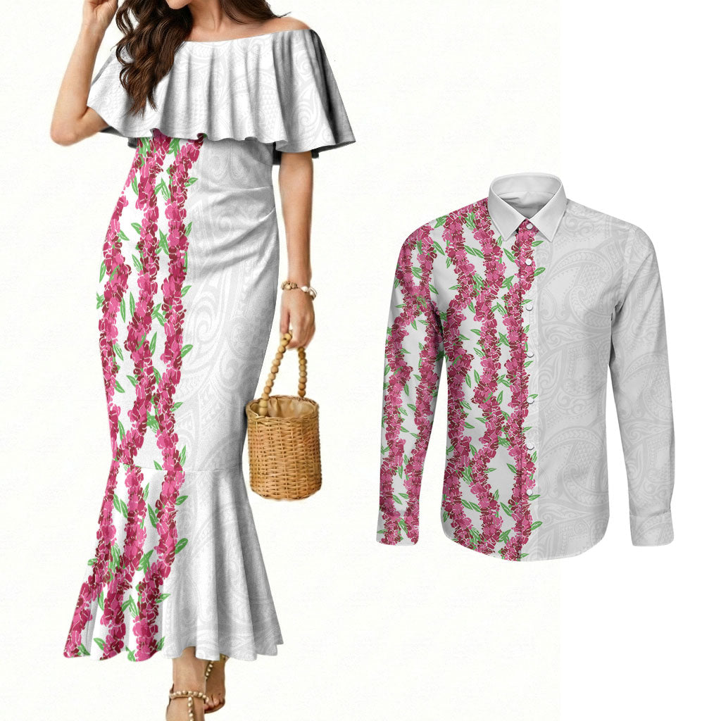 Hawaii Aalii Lei Couples Matching Mermaid Dress and Long Sleeve Button Shirt Aalii Ku Makani