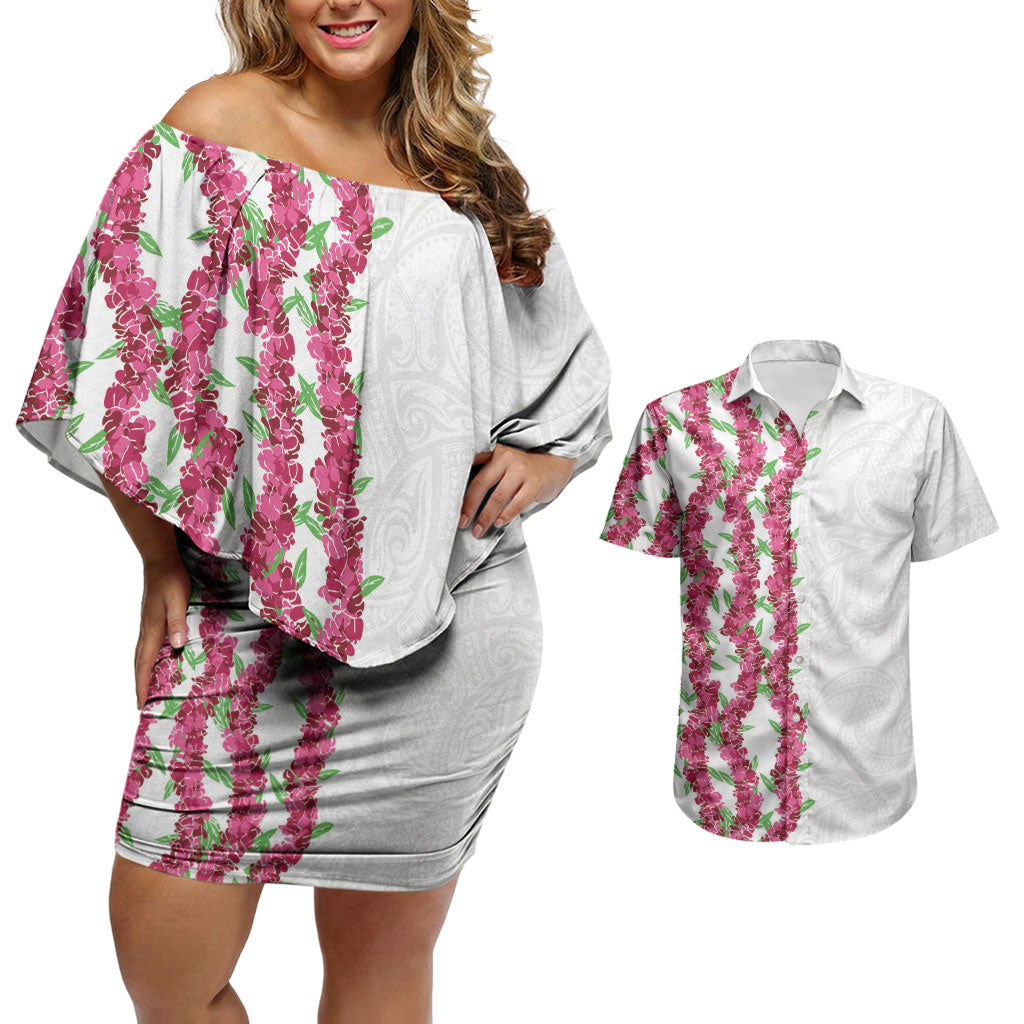 Hawaii Aalii Lei Couples Matching Off Shoulder Short Dress and Hawaiian Shirt Aalii Ku Makani