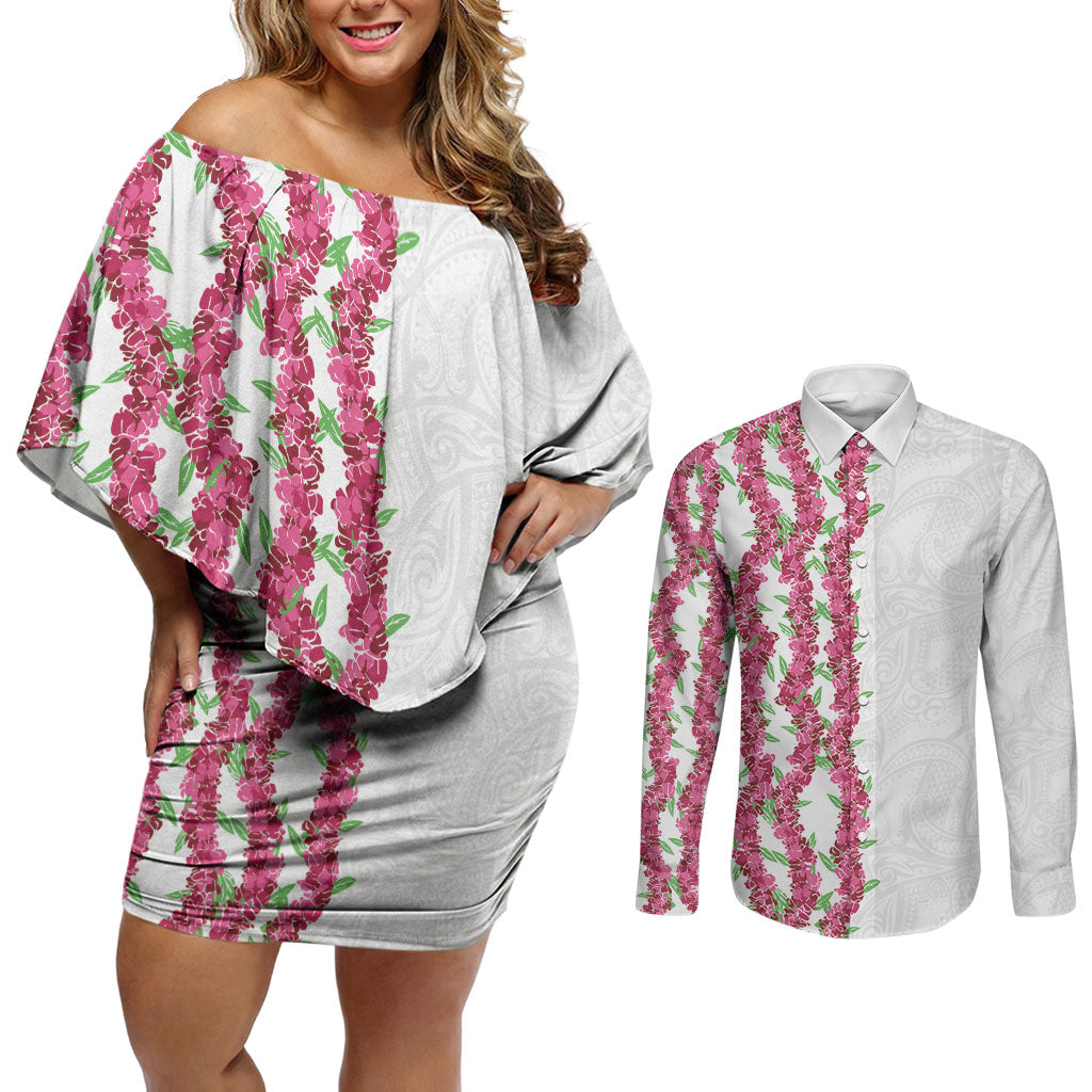 Hawaii Aalii Lei Couples Matching Off Shoulder Short Dress and Long Sleeve Button Shirt Aalii Ku Makani