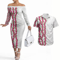 Hawaii Aalii Lei Couples Matching Off The Shoulder Long Sleeve Dress and Hawaiian Shirt Aalii Ku Makani