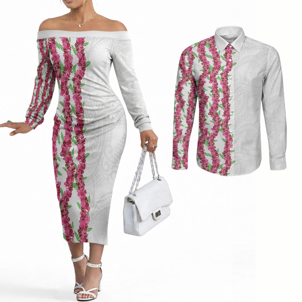 Hawaii Aalii Lei Couples Matching Off The Shoulder Long Sleeve Dress and Long Sleeve Button Shirt Aalii Ku Makani