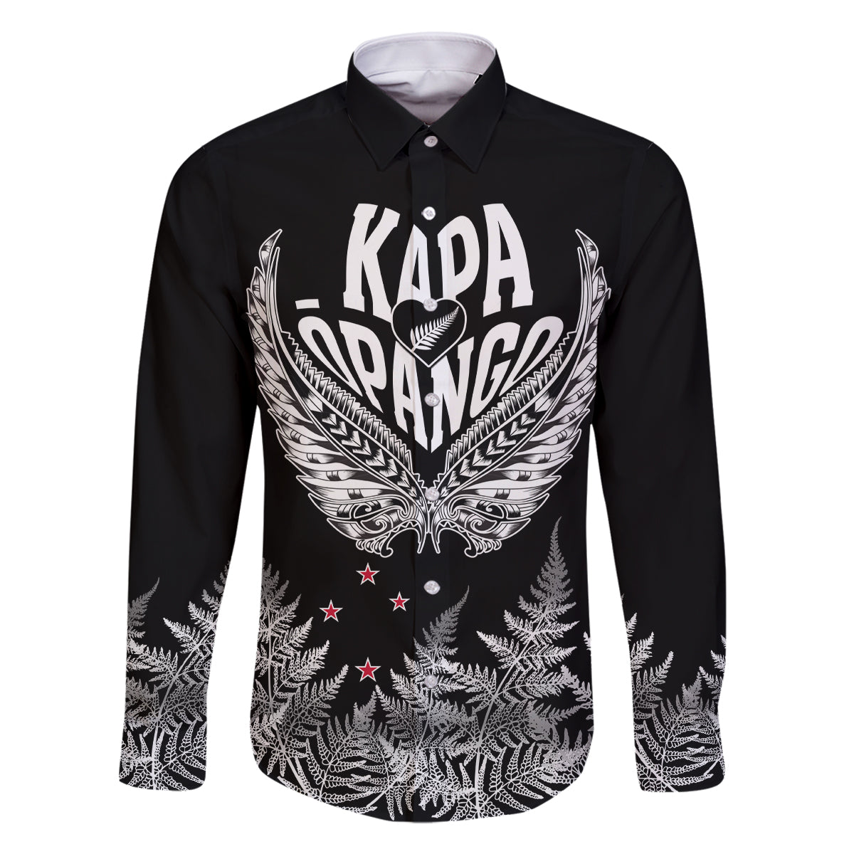 Custom New Zealand Rugby Family Matching Off Shoulder Maxi Dress and Hawaiian Shirt NZ Opango Forever Silver Fern Heart LT01 Dad's Shirt - Long Sleeve Black - Polynesian Pride