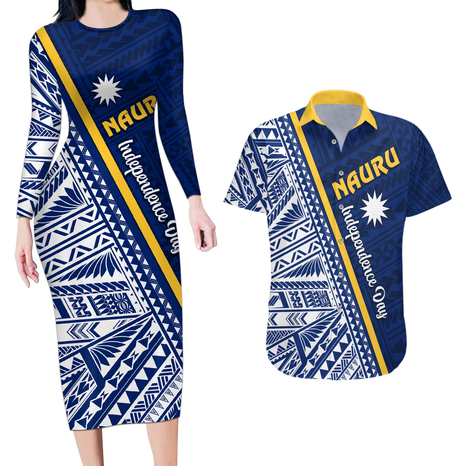 Nauru Independence Day Couples Matching Long Sleeve Bodycon Dress and Hawaiian Shirt Repubrikin Naoero Gods Will First LT01 Blue - Polynesian Pride