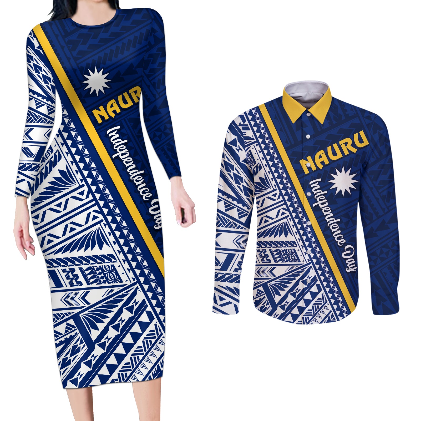 Nauru Independence Day Couples Matching Long Sleeve Bodycon Dress and Long Sleeve Button Shirt Repubrikin Naoero Gods Will First LT01 Blue - Polynesian Pride