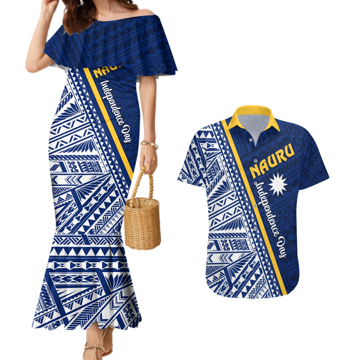 Nauru Independence Day Couples Matching Mermaid Dress and Hawaiian Shirt Repubrikin Naoero Gods Will First LT01 Blue - Polynesian Pride