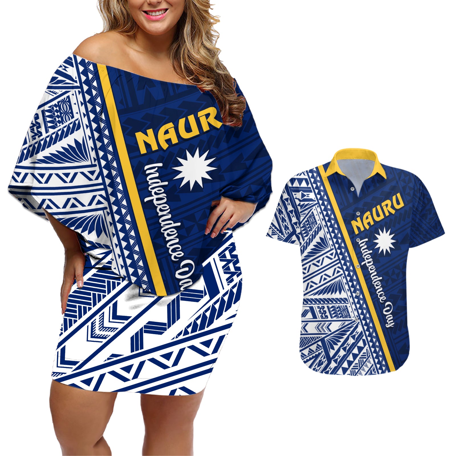 Nauru Independence Day Couples Matching Off Shoulder Short Dress and Hawaiian Shirt Repubrikin Naoero Gods Will First LT01 Blue - Polynesian Pride