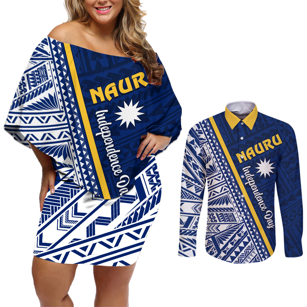 Nauru Independence Day Couples Matching Off Shoulder Short Dress and Long Sleeve Button Shirt Repubrikin Naoero Gods Will First LT01 Blue - Polynesian Pride