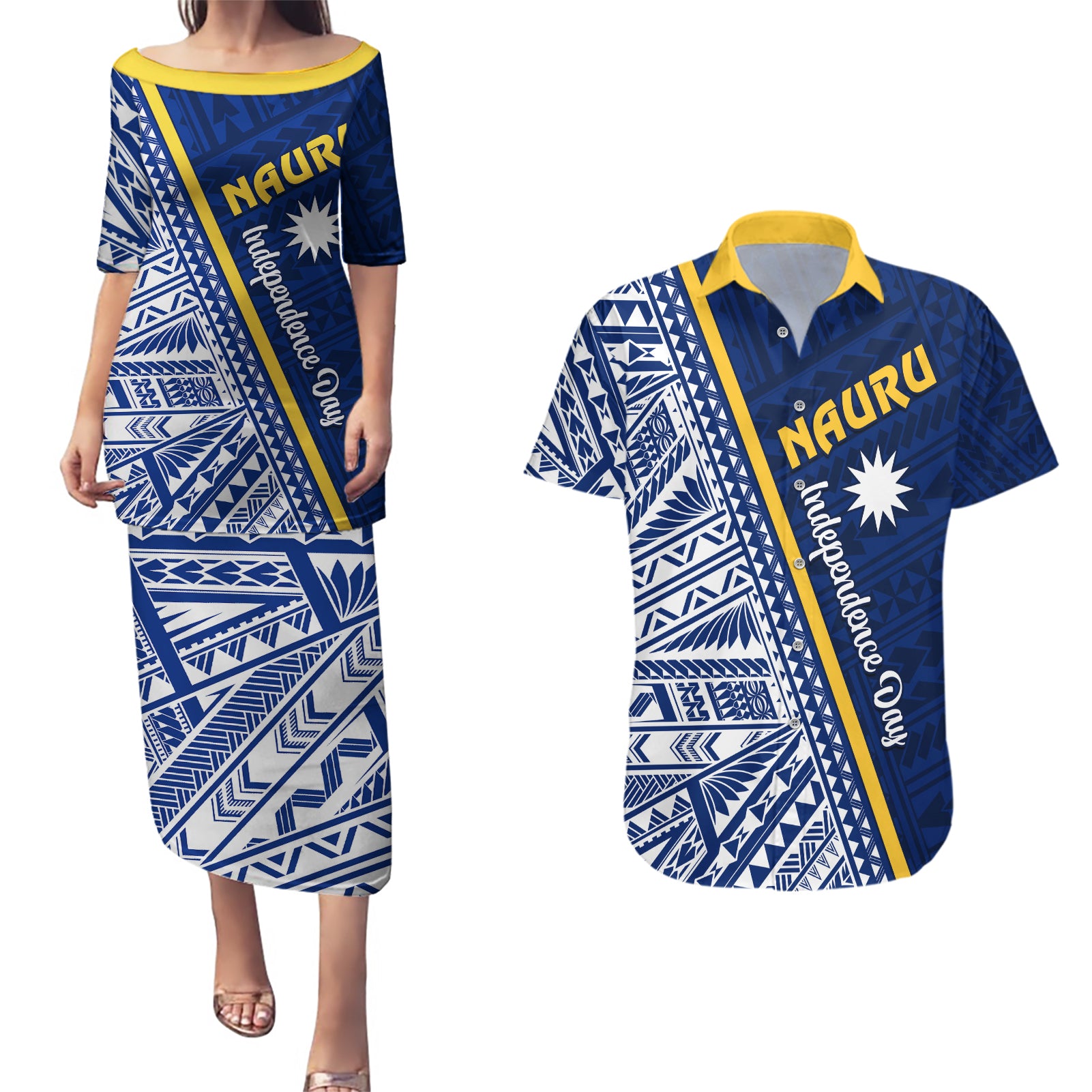 Nauru Independence Day Couples Matching Puletasi Dress and Hawaiian Shirt Repubrikin Naoero Gods Will First LT01 Blue - Polynesian Pride