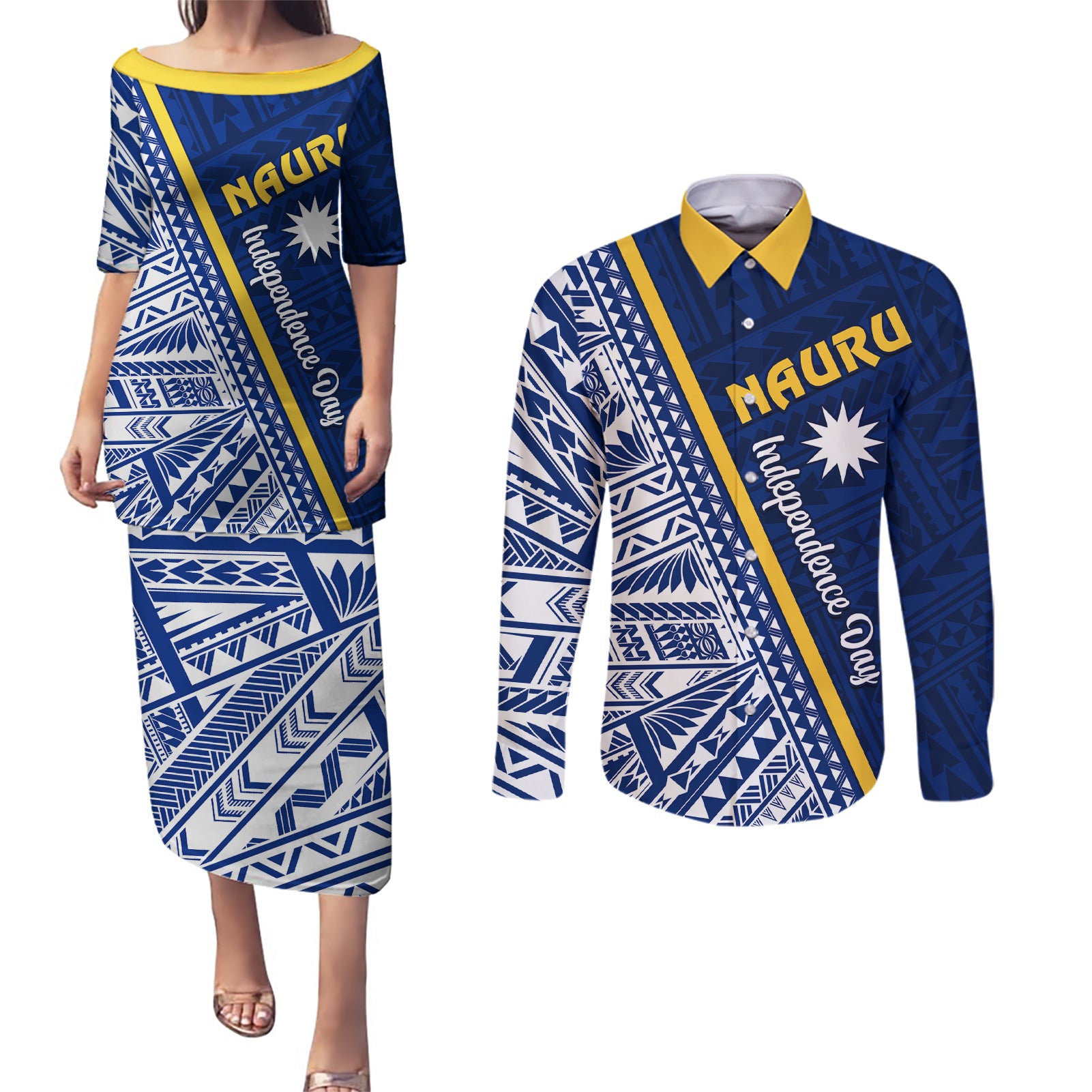 Nauru Independence Day Couples Matching Puletasi Dress and Long Sleeve Button Shirt Repubrikin Naoero Gods Will First LT01 Blue - Polynesian Pride