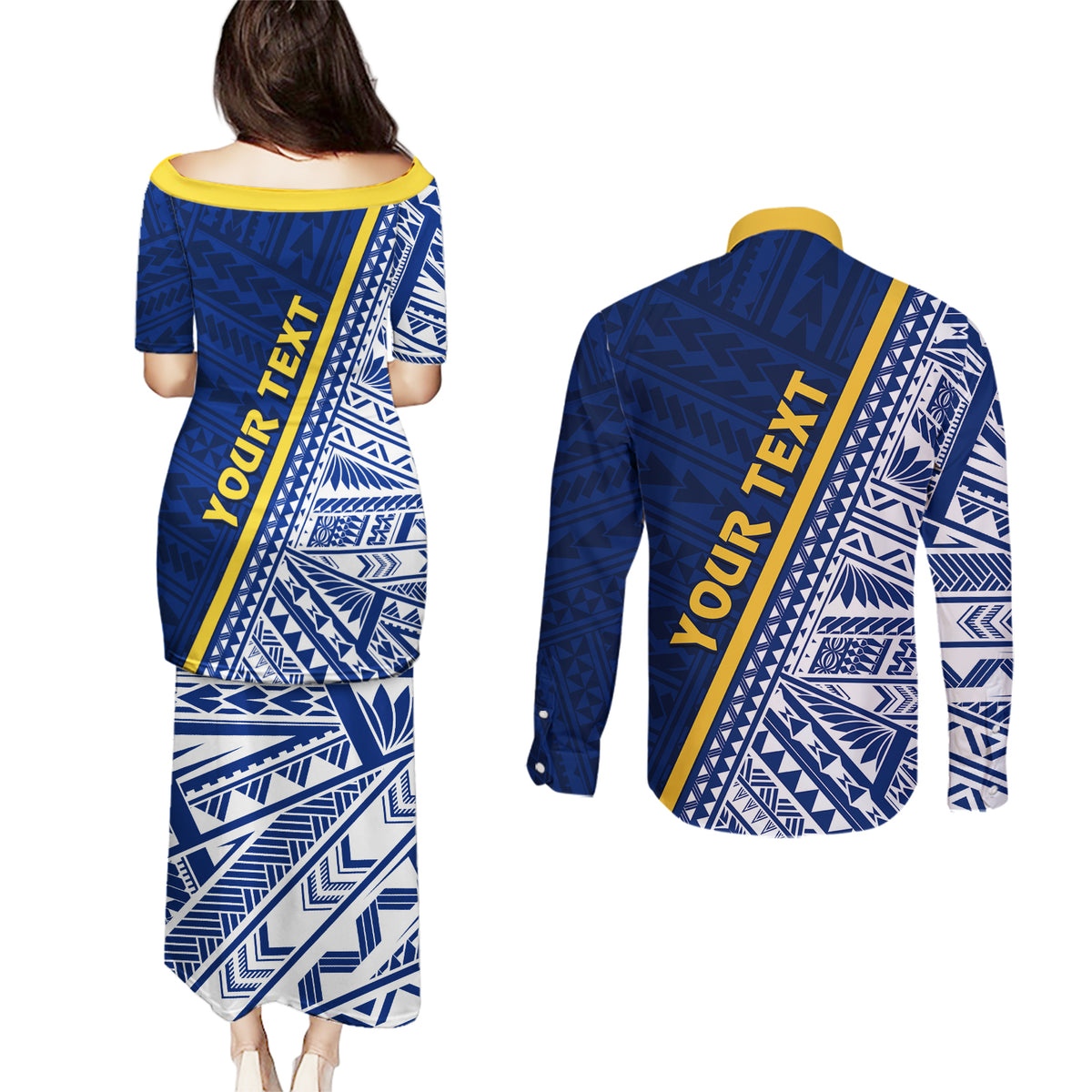 Nauru Independence Day Couples Matching Puletasi Dress and Long Sleeve Button Shirt Repubrikin Naoero Gods Will First LT01 - Polynesian Pride