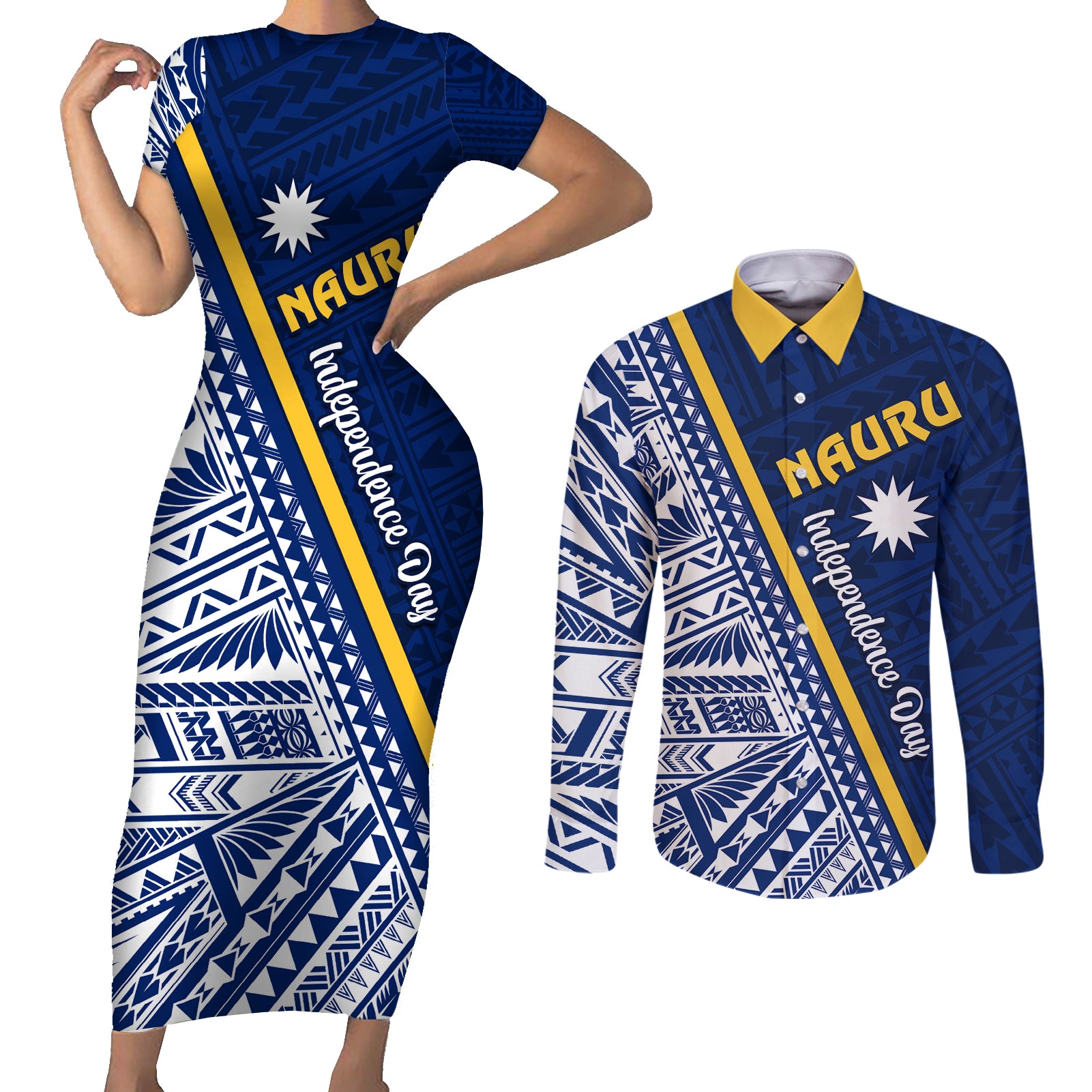Nauru Independence Day Couples Matching Short Sleeve Bodycon Dress and Long Sleeve Button Shirt Repubrikin Naoero Gods Will First LT01 Blue - Polynesian Pride