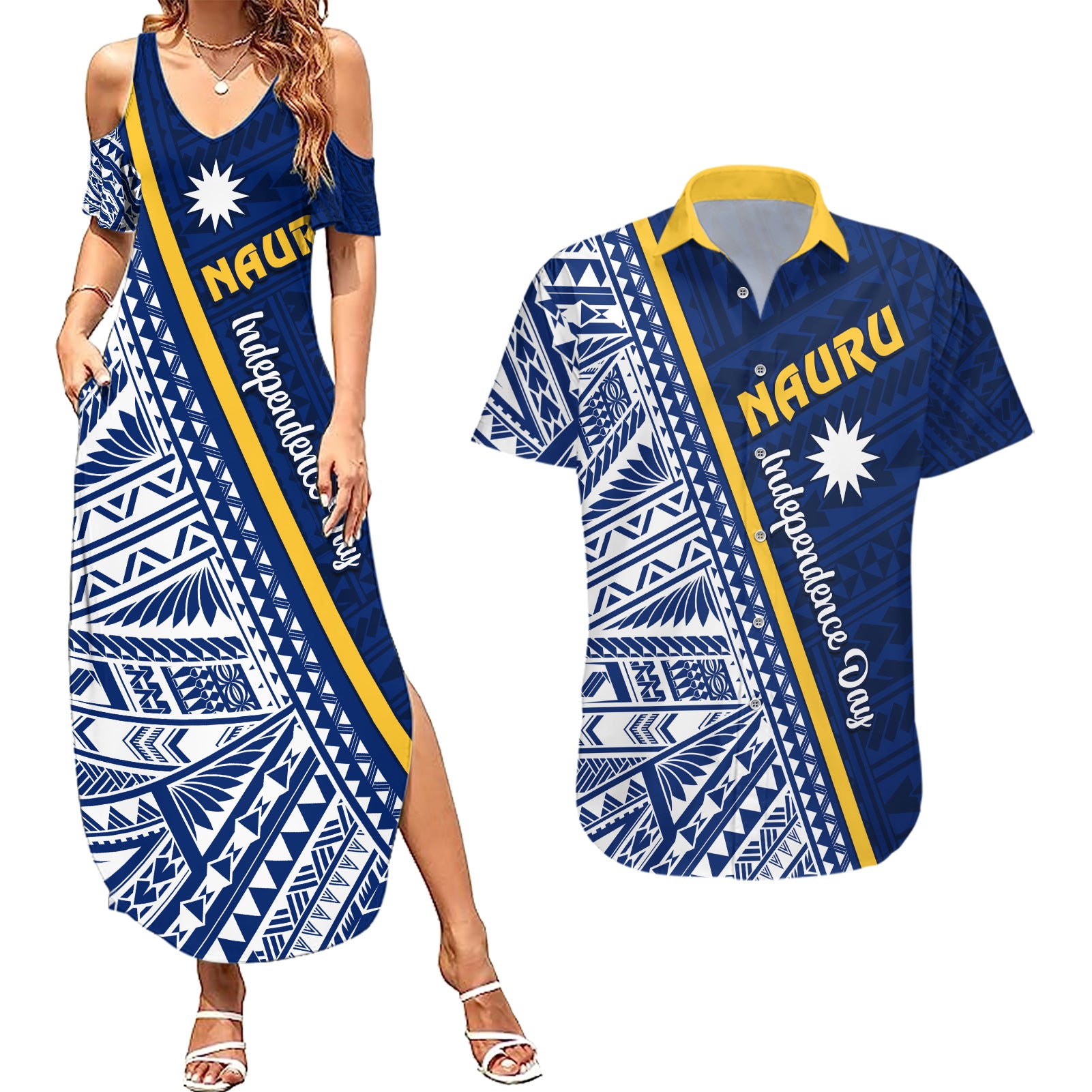 Nauru Independence Day Couples Matching Summer Maxi Dress and Hawaiian Shirt Repubrikin Naoero Gods Will First LT01 Blue - Polynesian Pride