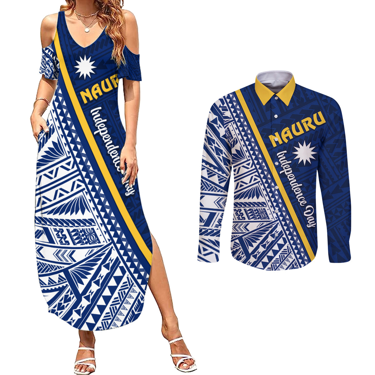 Nauru Independence Day Couples Matching Summer Maxi Dress and Long Sleeve Button Shirt Repubrikin Naoero Gods Will First LT01 Blue - Polynesian Pride