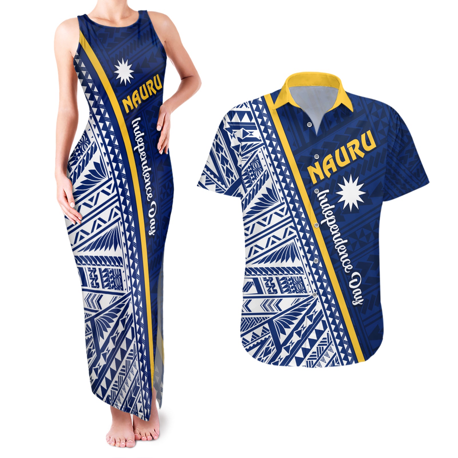 Nauru Independence Day Couples Matching Tank Maxi Dress and Hawaiian Shirt Repubrikin Naoero Gods Will First LT01 Blue - Polynesian Pride